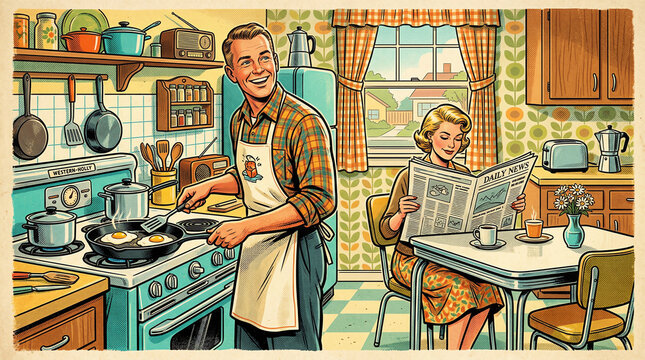 Retro 1950s style illustration of a happy couple enjoying breakfast in a vintage kitchen.