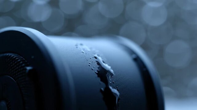 Water Droplet Spreading on a Black Surface with Bokeh Background.