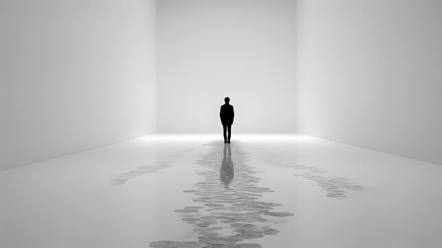 Lone figure: An evocative minimalist composition of a solitary figure standing in a vast, empty space, conveying themes of isolation, introspection, and the human condition.