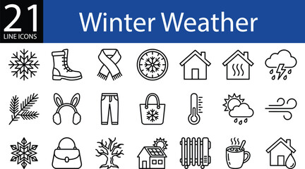 Obraz premium Winter weather line icon collection in outline style, snowflakes, boots, warmth, precipitation, and seasonal elements