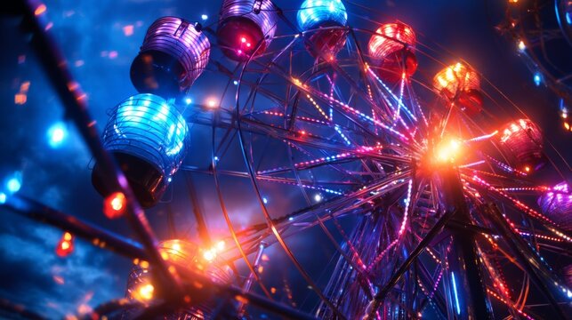 Illuminated Amusement Rides Under Rainy Night Sky with Colorful Lights