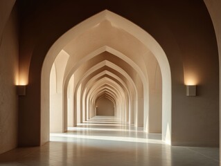 Fototapeta premium Arched corridor stretches into serene distance. Soft light spills through distant opening. Warm wall sconces glow gently on either side. Polished floor reflects ambient glow
