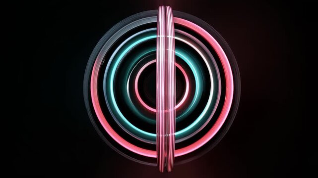Glowing pink and blue rings rotate in the dark, gradually forming a complex gyroscopic sphere