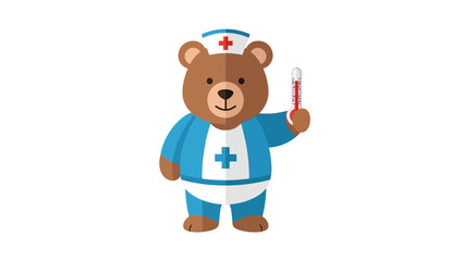 Fototapeta premium Cartoon brown bear dressed as a nurse holding a thermometer against a white background