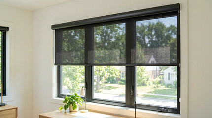 Fototapeta premium Modern interior design with a focus on window treatments, featuring a set of stylish black roller shades to control the natural light and provide privacy.