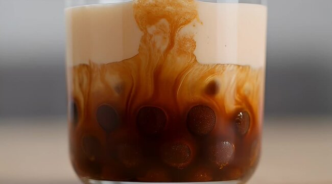 A close up view of boba milk tea in a glass cup