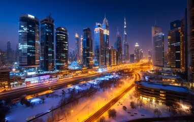 Fototapeta premium Night View of Metropolitan Skyline with Snow in Extreme Season