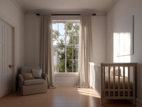 Cozy nursery with soft sunlight streaming through large window. White crib stands beside window, near cushioned armchair. Light beige curtains frame the window, gently billowing