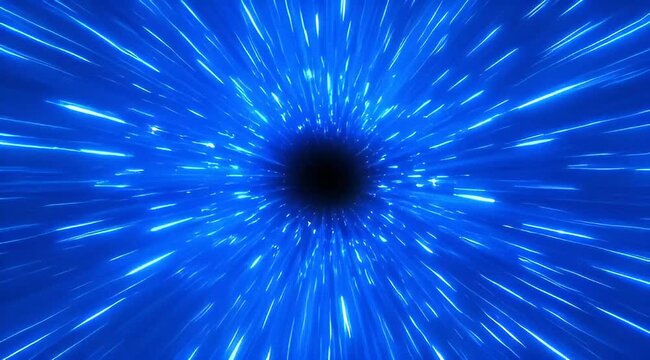 Abstract blue light streaks converging to a black hole in space time continuum