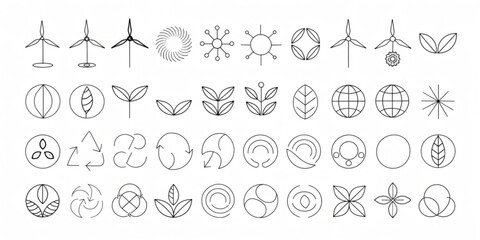 A collection of line icons representing renewable energy sources, nature, and sustainability concepts, displayed in a grid layout.