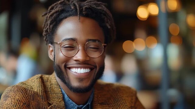 Smiling Man: A close-up portrait of a happy, stylish man, radiating joy. He is captured in a moment of pure bliss.