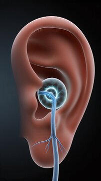 3D CGI Animation Illustrating Auditory Nerve Signal Transmission and Potential Hearing Impairment with Abstract Sound Waves and Neural Pathways Over a Dark Medical Background