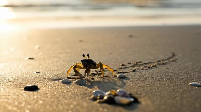 Crab on Sandy Beach at Sunset.