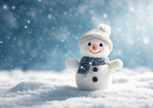 Adorable mu&ntilde;eco de nieve sonriente con gorro y bufanda blanca cayendo nieve en invierno.