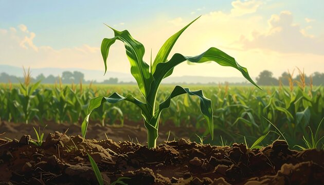 A young cornstalk thrives in rich soil, bathed in sunlight against a backdrop of a vast cornfield under a clear sky