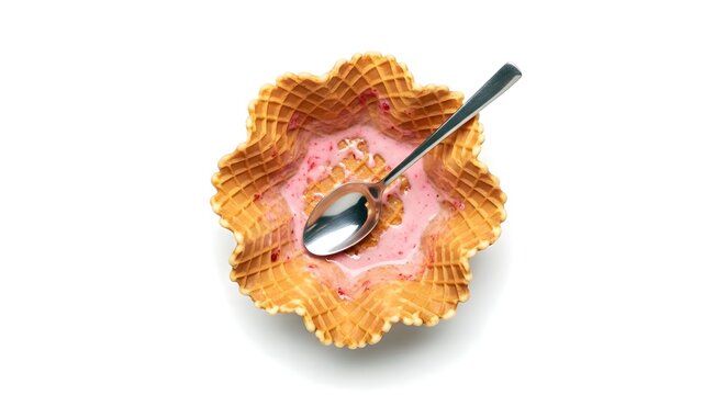 Empty ice cream waffle bowl with spoon on white