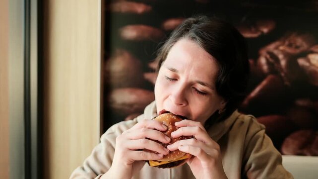 Young woman eating a burger with sesame bun while sitting in a cafe. Concept of fast food lifestyle, casual dining and enjoying a meal indoors