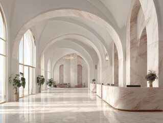 Obraz premium Elegant arched hall with marble floors and walls. Natural light streams through tall windows. Minimalist reception desk lines the space. Potted plants add softness to grand architecture