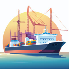 Fototapeta premium Vector art of an enormous cargo ferry docking at port, cranes and containers in background