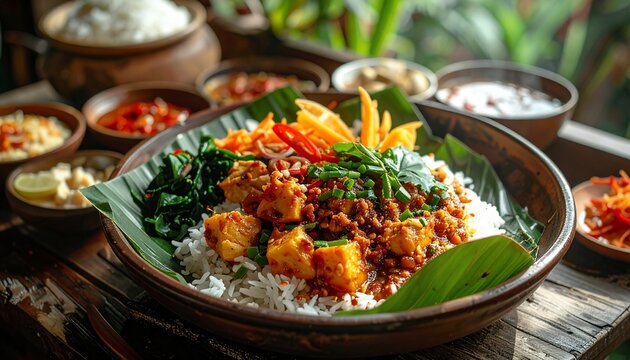 Delicious Indonesian Nasi Campur Dish with Colorful Vegetables and Rice on a Wooden Table.