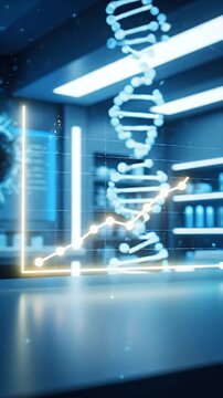 3D CGI Render of a Glowing Blue DNA Double Helix Structure Rotates in a Futuristic Laboratory with Data Graphs and Shelving Units in the Background