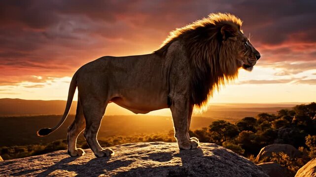 Majestic Lion Standing on Rocky Outcrop at Sunset.