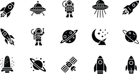 Black and white flat icon set featuring rockets, astronauts, planets, and ufo spacecraft © Simu Store