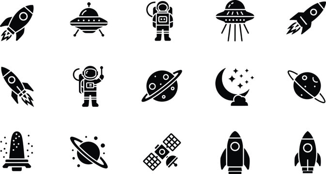 Black and white flat icon set featuring rockets, astronauts, planets, and ufo spacecraft