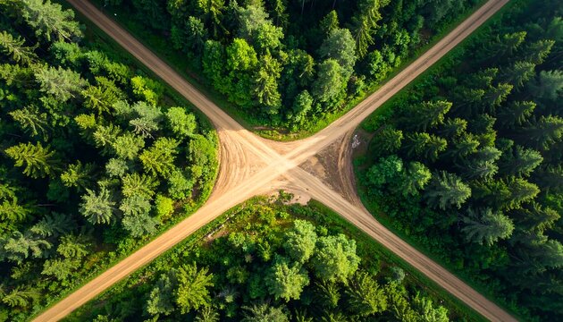 Aerial shot of an intersection through a lush green forest, showing converging dirt roads surrounded by vibrant trees