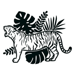 Tiger roaring with plants stroke © Vexels