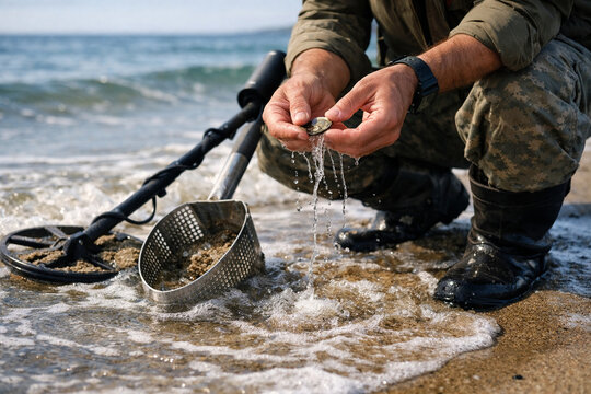Metal detectorist rinsing coin on sandy beach