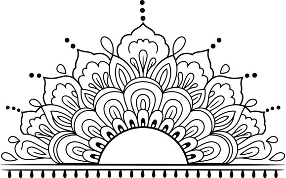 Elegant black line art featuring a symmetrical half mandala motif with delicate flowing patterns