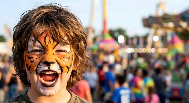 Boy with tiger face paint at carnival summer festival