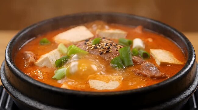 Close up of kimchi jjigae a popular Korean stew with tofu
