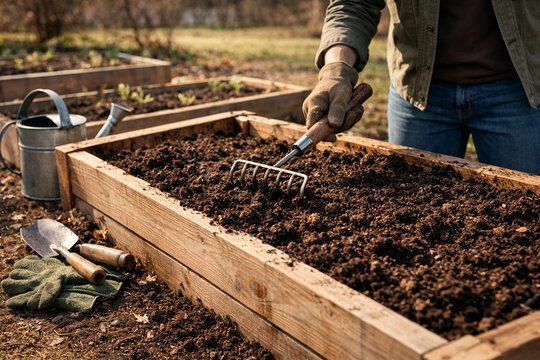 Gardener raking soil in raised garden bed outdoors