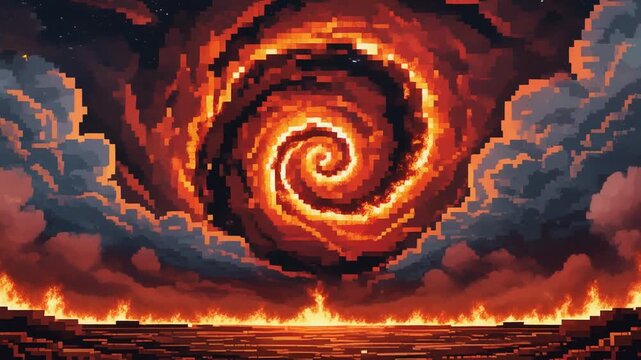 Fiery vortex storm over lava landscape with dramatic sky
