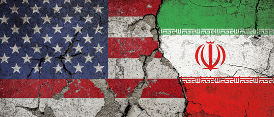  american and iranian flags on the background of cracked concrete