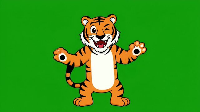 Cartoon Tiger Character Waving Hand in Bright Green Screen Background