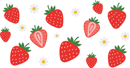 Strawberry Pattern with Flowers Featuring Fresh Whole and Sliced Strawberries for Summer Fruit Background, Organic Food Packaging, Dessert Design and Cute Botanical Illustration © MdMojnu