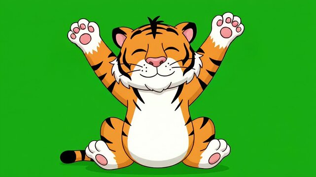 Cartoon Tiger Sitting Calmly with Closed Eyes on Bright Green Background