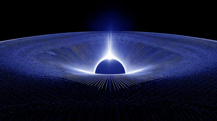 Abstract digital 3d illustration of a blue glowing singularity with radiant light rays and a curved mesh grid representing gravitational waves in deep space for futuristic physics and science tech
