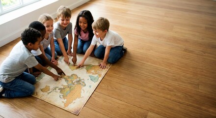 Fototapeta premium Diverse children studying world map on floor with copy space