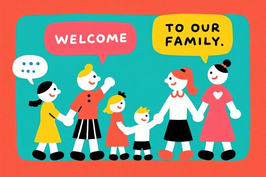 Family cartoon with welcome message