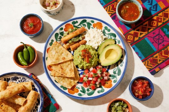 Mexican food plate with guacamole and sides