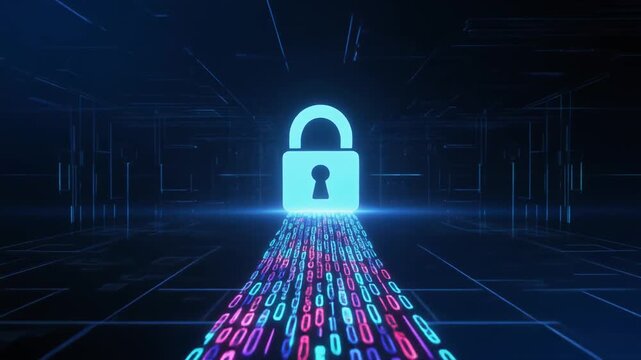 Digital padlock icon glowing on a futuristic binary code data stream representing cybersecurity and data protection.