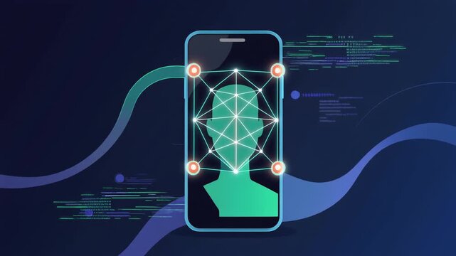 Smartphone displaying facial recognition technology with a glowing digital outline of a human head and network connections.