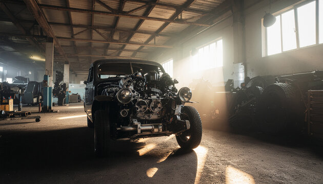 Automotive vehicle in repair shop with engine exposed industrial setting