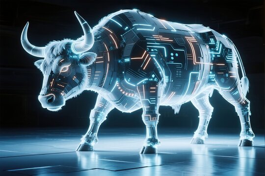Cybernetic bull with glowing circuits