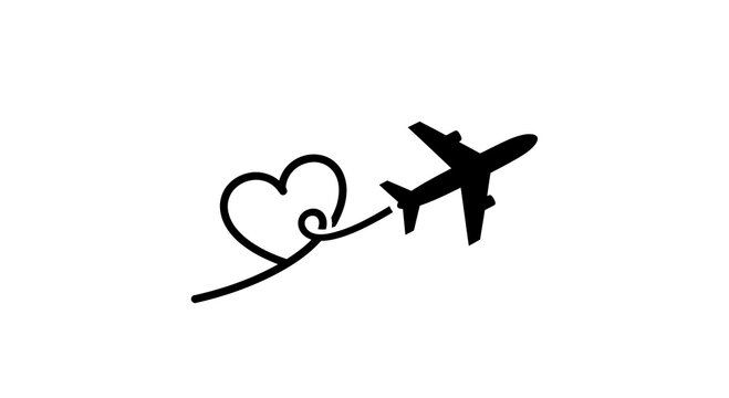 Simple black airplane flying near a heart shape.