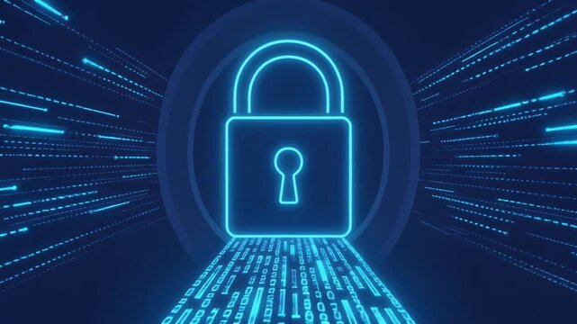 Digital padlock icon symbolizing cybersecurity and data protection in a futuristic technological environment with binary code streams.
